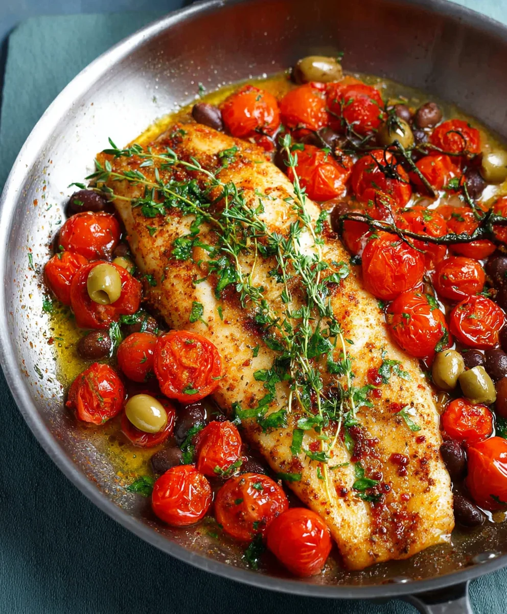 Easy Baked Fish Cherry Tomatoes Olives Recipe