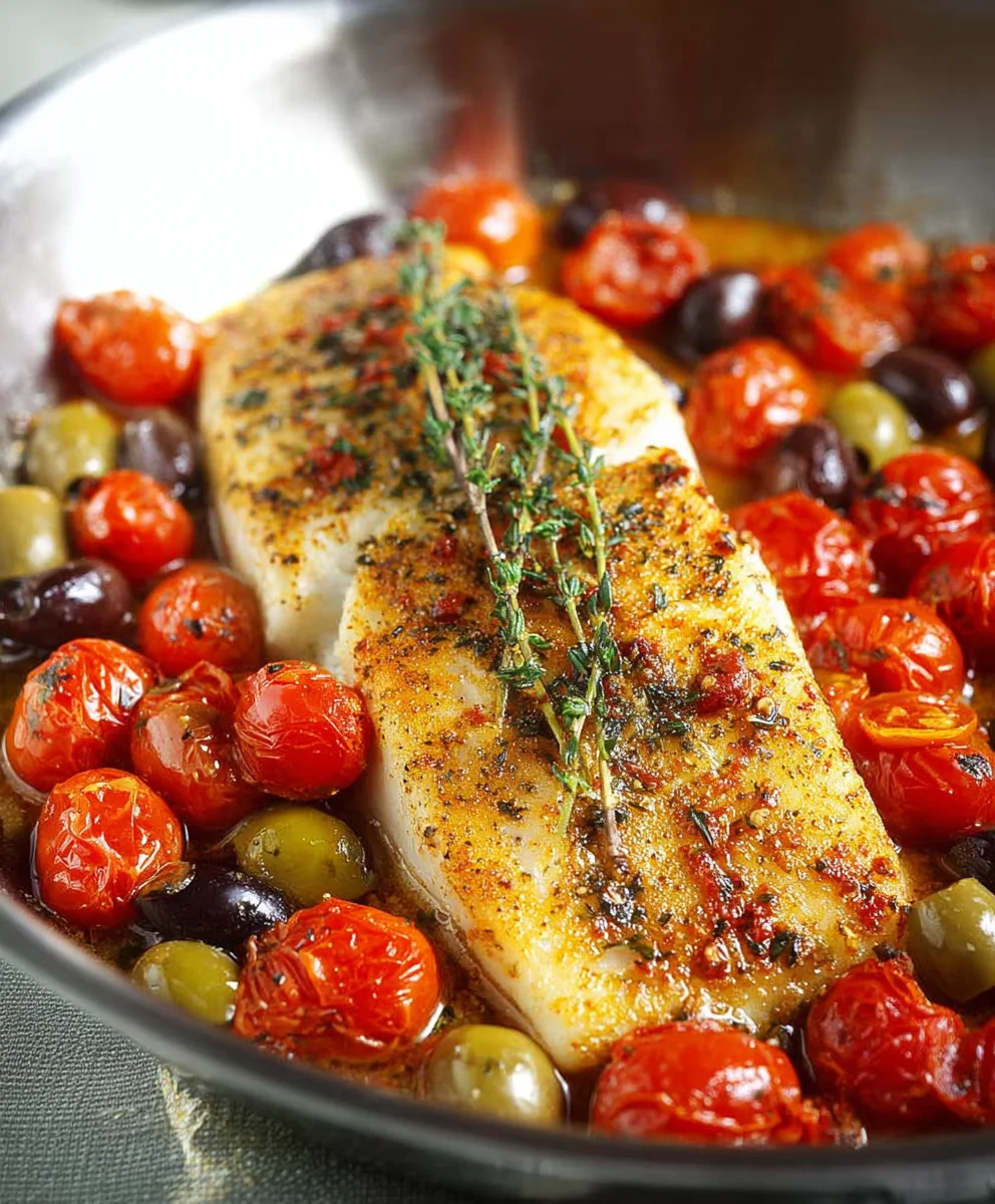 Easy Baked Fish Cherry Tomatoes Olives Recipe