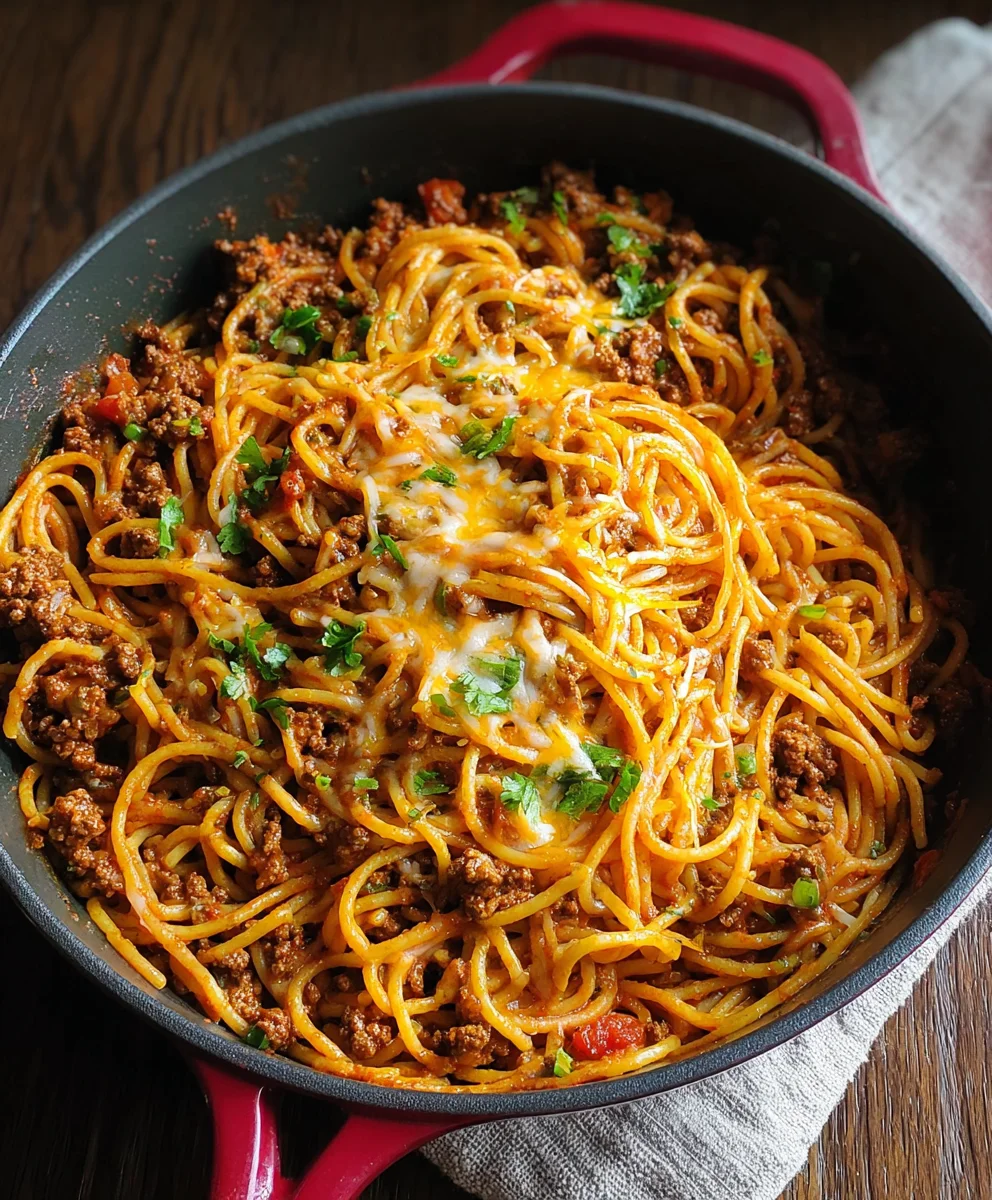 Easy One Pot Taco Spaghetti- Flavorful Beef Meal