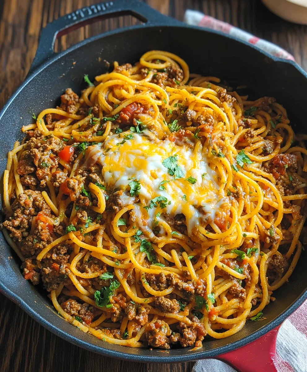 Easy One Pot Taco Spaghetti- Flavorful Beef Meal