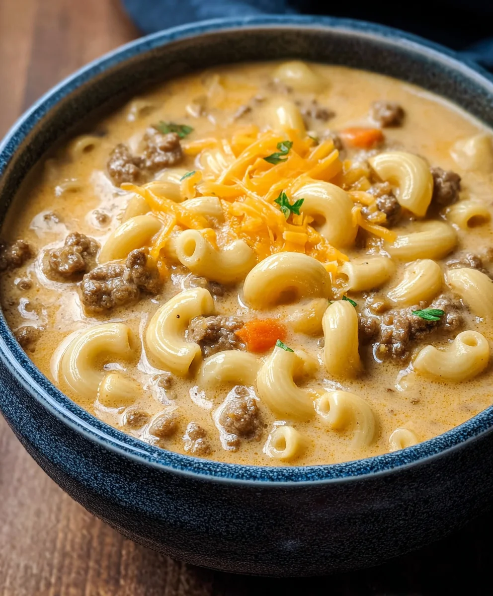 Cheeseburger Macaroni Soup-Creamy Beef Comfort Bowl