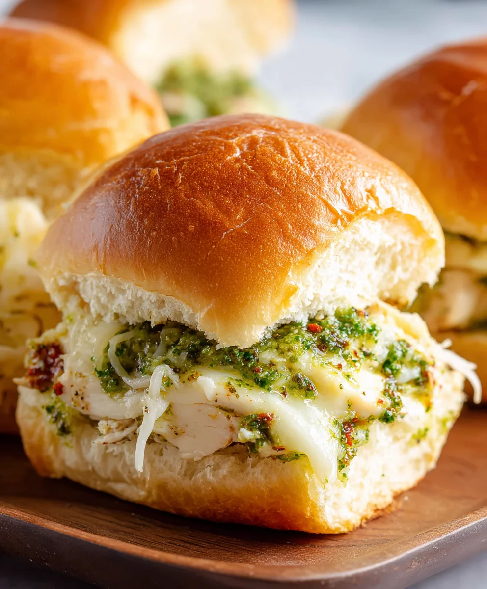 Cheesy Garlic Pesto Chicken Sliders-Easy Bites