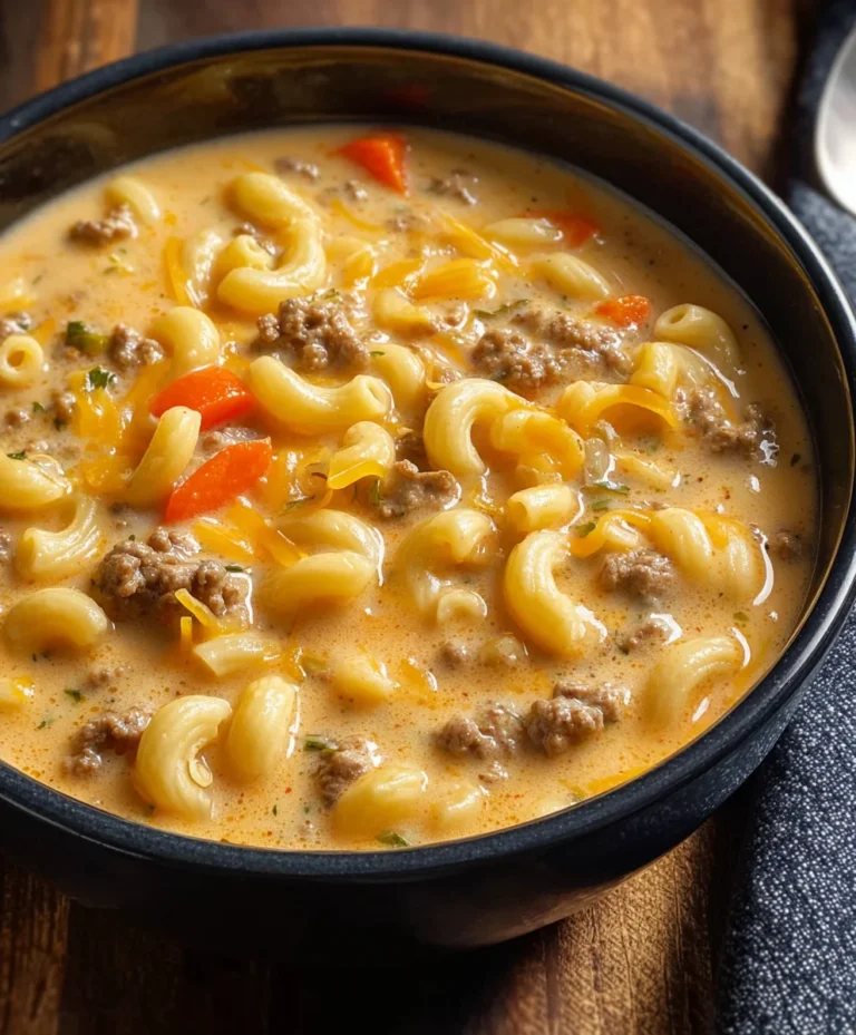 Cheeseburger Macaroni Soup-Creamy Beef Comfort Bowl